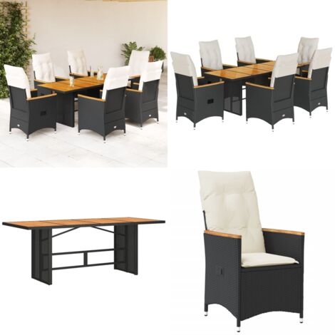 Set da Pranzo da Giardino 7 pz Nero con Cuscini in Polyrattan - Sedie da giardino reclinabili - Tavolo da giardino