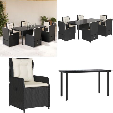 Set da Pranzo da Giardino 7 pz Nero con Cuscini in Polyrattan - Sedie da giardino reclinabili - Tavolo da giardino