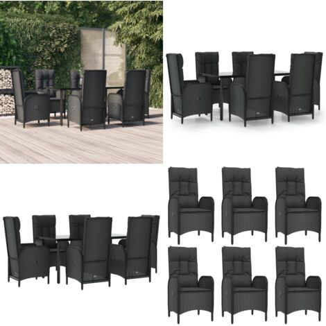 Set da Pranzo da Giardino 7 pz Nero con Cuscini in Polyrattan - Sedie da giardino reclinabili - Tavolo da giardino