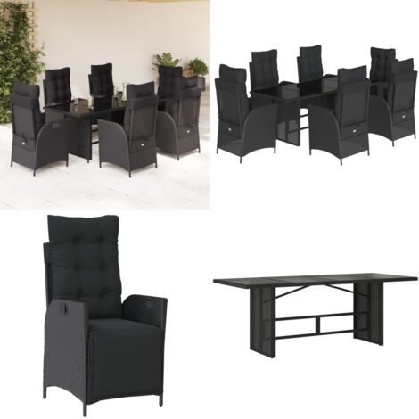 Set da Pranzo da Giardino 7 pz Nero con Cuscini in Polyrattan - Sedie da giardino reclinabili - Tavolo da giardino