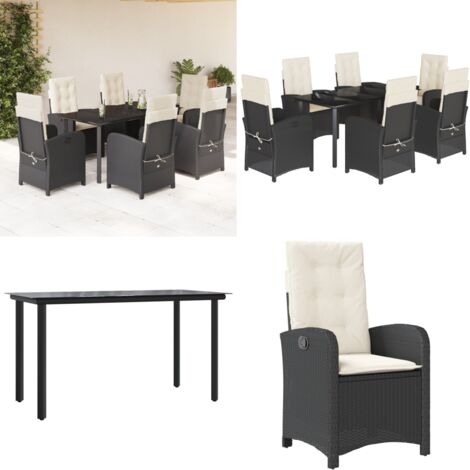 Set da Pranzo da Giardino 7 pz Nero con Cuscini in Polyrattan - Sedie da giardino reclinabili - Tavolo da giardino