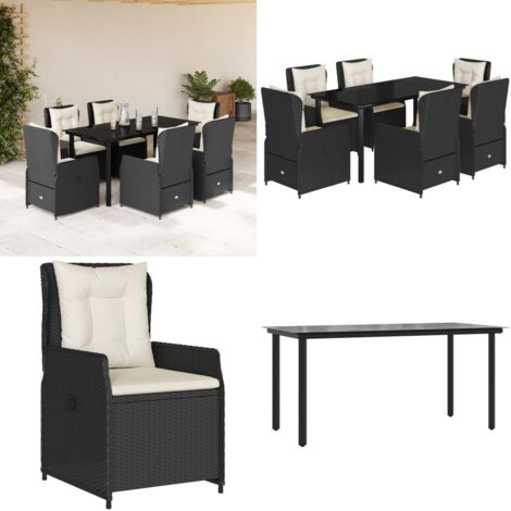 Set da Pranzo da Giardino 7 pz Nero con Cuscini in Polyrattan - Sedie da giardino reclinabili - Tavolo da giardino