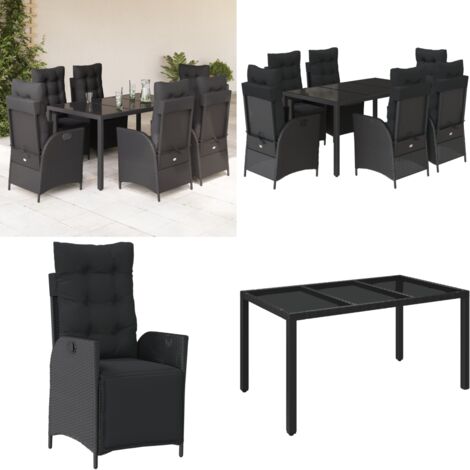 Set da Pranzo da Giardino 7 pz Nero con Cuscini in Polyrattan - Sedie da giardino reclinabili - Tavolo da giardino