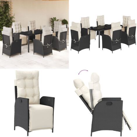 Set da Pranzo da Giardino 7 pz Nero con Cuscini in Polyrattan - Sedie da giardino reclinabili - Tavolo da giardino