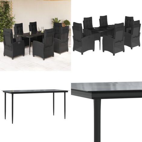 Set da Pranzo da Giardino 7 pz Nero con Cuscini in Polyrattan - Sedie da giardino reclinabili - Tavolo da giardino