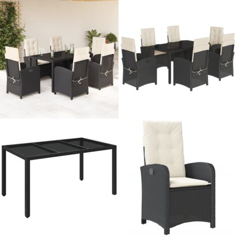 Set da Pranzo da Giardino 7 pz Nero con Cuscini in Polyrattan - Sedie da giardino reclinabili - Tavolo da giardino