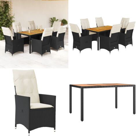 Set da Pranzo da Giardino 7 pz Nero con Cuscini in Polyrattan - Sedie da giardino reclinabili - Tavolo da giardino