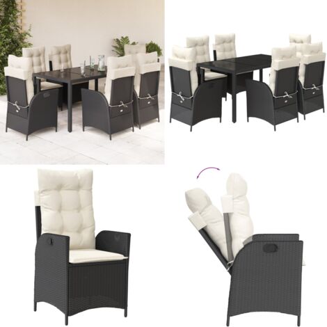 Set da Pranzo da Giardino 7 pz Nero con Cuscini in Polyrattan - Sedie da giardino reclinabili - Tavolo da giardino