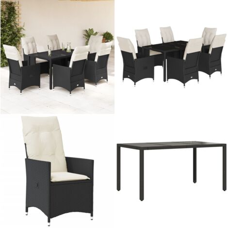 Set da Pranzo da Giardino 7 pz Nero con Cuscini in Polyrattan - Sedie da giardino reclinabili - Tavolo da giardino