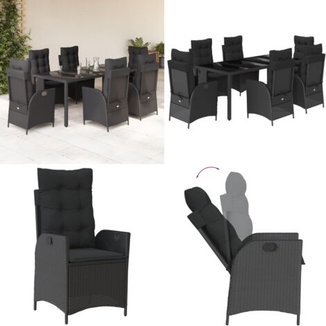 Set da Pranzo da Giardino 7 pz Nero con Cuscini in Polyrattan - Sedie da giardino reclinabili - Tavolo da giardino