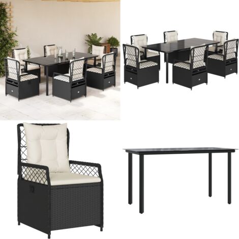 Set da Pranzo da Giardino 7 pz Nero con Cuscini in Polyrattan - Sedie da giardino reclinabili - Tavolo da giardino
