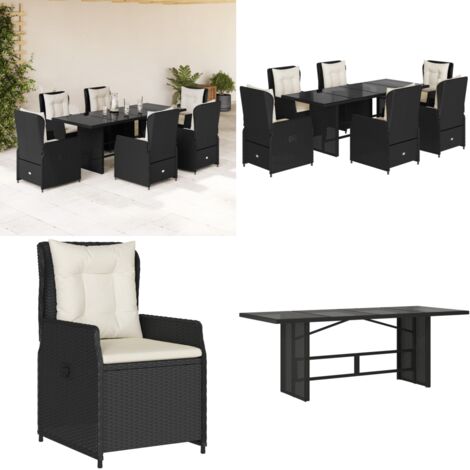 Set da Pranzo da Giardino 7 pz Nero con Cuscini in Polyrattan - Sedie da giardino reclinabili - Tavolo da giardino