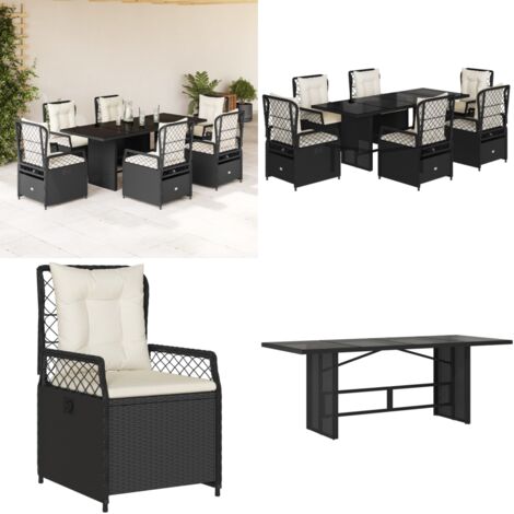 Set da Pranzo da Giardino 7 pz Nero con Cuscini in Polyrattan - Sedie da giardino reclinabili - Tavolo da giardino