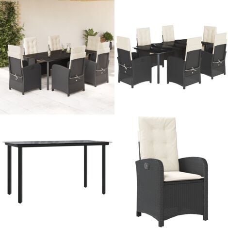 Set da Pranzo da Giardino 7 pz Nero con Cuscini in Polyrattan - Sedie da giardino reclinabili - Tavolo da giardino