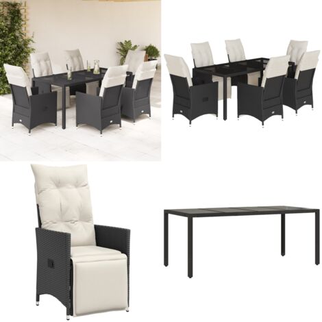 Set da Pranzo da Giardino 7 pz Nero con Cuscini in Polyrattan - Sedie da giardino reclinabili - Tavolo da giardino