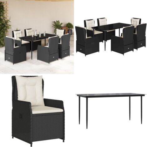 Set da Pranzo da Giardino 7 pz Nero con Cuscini in Polyrattan - Sedie da giardino reclinabili - Tavolo da giardino
