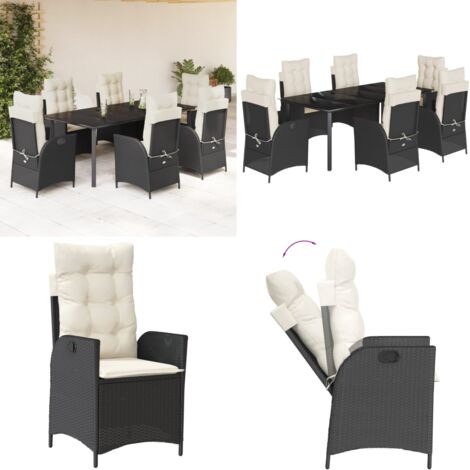 Set da Pranzo da Giardino 7 pz Nero con Cuscini in Polyrattan - Sedie da giardino reclinabili - Tavolo da giardino