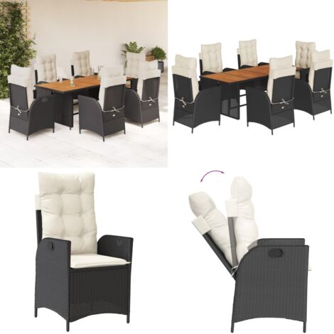 Set da Pranzo da Giardino 7 pz Nero con Cuscini in Polyrattan - Sedie da giardino reclinabili - Tavolo da giardino