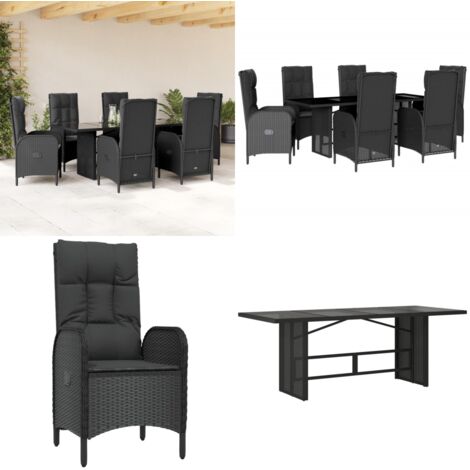 Set da Pranzo da Giardino 7 pz Nero con Cuscini in Polyrattan - Sedie da giardino reclinabili - Tavolo da giardino