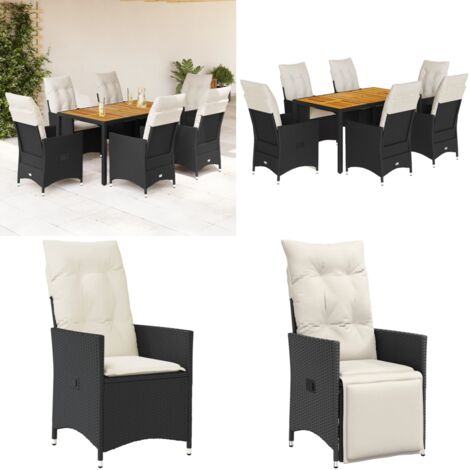 Set da Pranzo da Giardino 7 pz Nero con Cuscini in Polyrattan - Sedie da giardino reclinabili - Tavolo da giardino