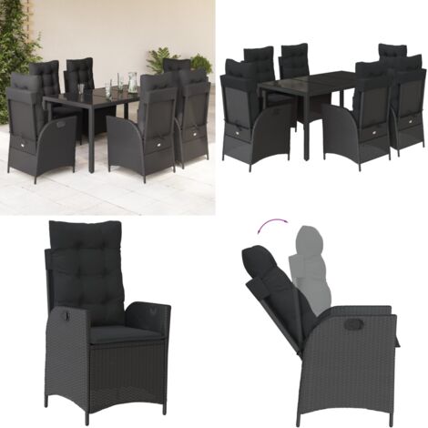 Set da Pranzo da Giardino 7 pz Nero con Cuscini in Polyrattan - Sedie da giardino reclinabili - Tavolo da giardino