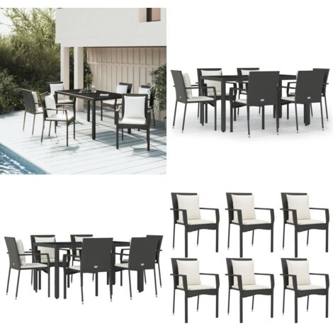 Set da Pranzo da Giardino 7 pz Nero con Cuscini in Polyrattan - Sedie da giardino - Tavolo da giardino