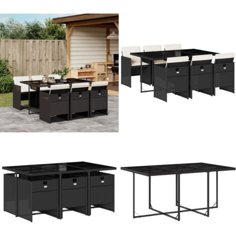 Set da Pranzo da Giardino 7 pz Nero con Cuscini in Polyrattan - Sedie da giardino - Tavolo da giardino