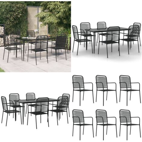 Set da Pranzo da Giardino 7 pz Nero Corda di Cotone e Acciaio - Sedie da pranzo da esterno - Tavolo da pranzo da giardino