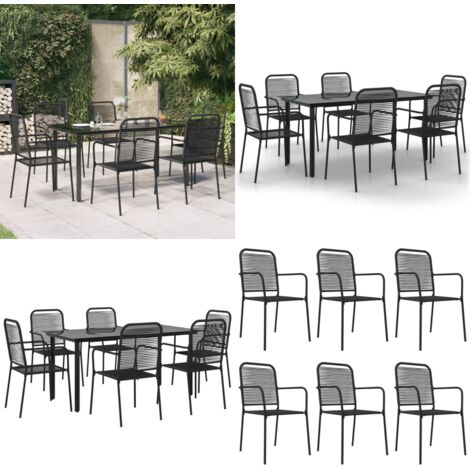 Set da Pranzo da Giardino 7 pz Nero Corda di Cotone e Acciaio - Sedie da pranzo da esterno - Tavolo da pranzo da giardino
