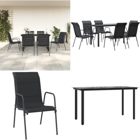 Set da Pranzo da Giardino 7 pz Nero in Acciaio e Textilene - Sedie da giardino - Tavolo da giardino