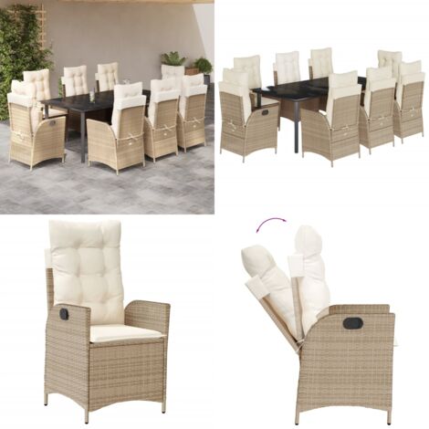 Set da Pranzo da Giardino 9 pz con Cuscini Beige in Polyrattan - Sedie da giardino reclinabili - Tavolo da giardino