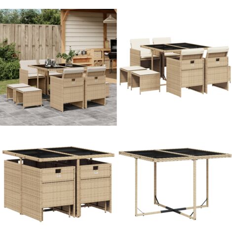 Set da Pranzo da Giardino 9 pz con Cuscini Beige in Polyrattan - Sedie da giardino - Tavolo da giardino