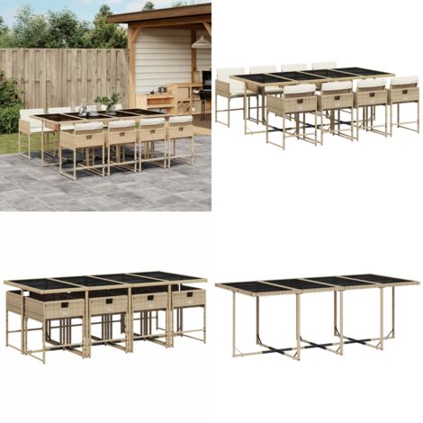 Set da Pranzo da Giardino 9 pz con Cuscini Beige in Polyrattan - Sedie da giardino - Tavolo da giardino