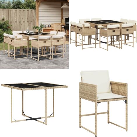 Set da Pranzo da Giardino 9 pz con Cuscini Beige in Polyrattan - Sedie da giardino - Tavolo da giardino