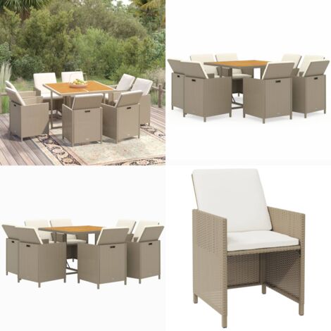 Set da Pranzo da Giardino 9 pz con Cuscini in Polyrattan Beige - Sedie da giardino - Tavolo da giardino