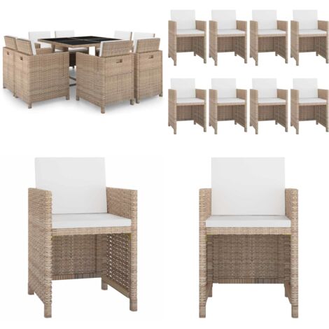 Set da Pranzo da Giardino 9 pz con Cuscini in Polyrattan Beige - Sedie da giardino - Tavolo da giardino
