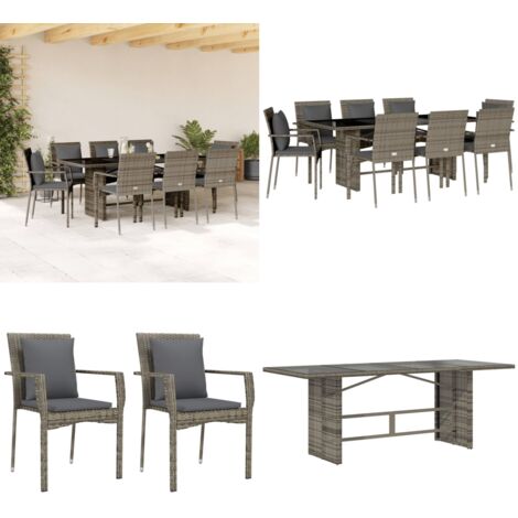 Set da Pranzo da Giardino 9 pz con Cuscini in Polyrattan Grigio - Sedie da giardino - Cuscini da giardino