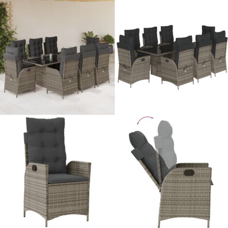 Set da Pranzo da Giardino 9 pz con Cuscini in Polyrattan Grigio - Sedie da giardino reclinabili - Tavolo da giardino