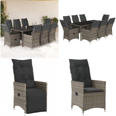 Set da Pranzo da Giardino 9 pz con Cuscini in Polyrattan Grigio - Sedie da giardino reclinabili - Tavolo da giardino