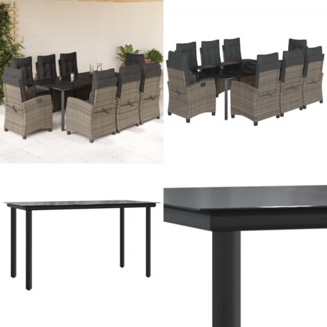 Set da Pranzo da Giardino 9 pz con Cuscini in Polyrattan Grigio - Sedie da giardino reclinabili - Tavolo da giardino
