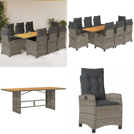 Set da Pranzo da Giardino 9 pz con Cuscini in Polyrattan Grigio - Sedie da giardino reclinabili - Tavolo da giardino