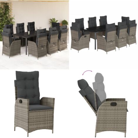 Set da Pranzo da Giardino 9 pz con Cuscini in Polyrattan Grigio - Sedie da giardino reclinabili - Tavolo da giardino