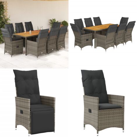 Set da Pranzo da Giardino 9 pz con Cuscini in Polyrattan Grigio - Sedie da giardino reclinabili - Tavolo da giardino