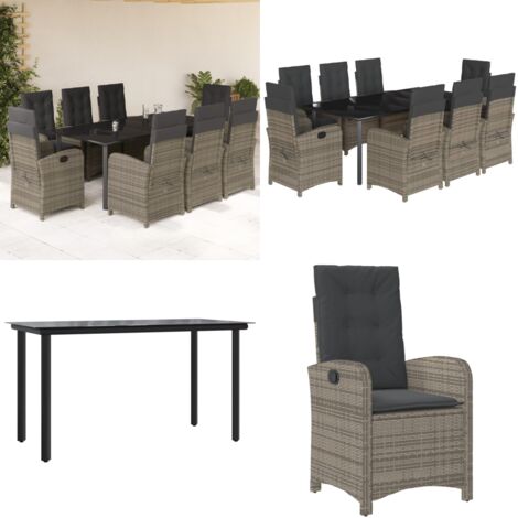 Set da Pranzo da Giardino 9 pz con Cuscini in Polyrattan Grigio - Sedie da giardino reclinabili - Tavolo da giardino