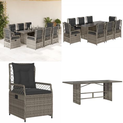 Set da Pranzo da Giardino 9 pz con Cuscini in Polyrattan Grigio - Sedie da giardino reclinabili - Tavolo da giardino