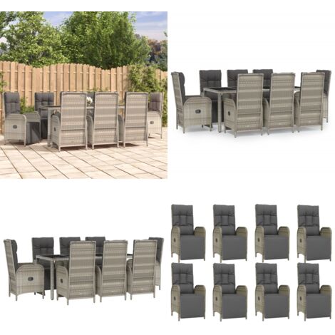Set da Pranzo da Giardino 9 pz con Cuscini in Polyrattan Grigio - Sedie da giardino reclinabili - Tavolo da giardino