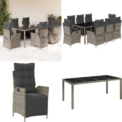 Set da Pranzo da Giardino 9 pz con Cuscini in Polyrattan Grigio - Sedie da giardino reclinabili - Tavolo da giardino