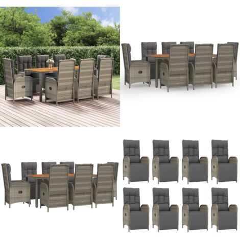 Set da Pranzo da Giardino 9 pz con Cuscini in Polyrattan Grigio - Sedie da giardino reclinabili - Tavolo da giardino