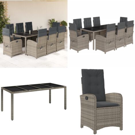 Set da Pranzo da Giardino 9 pz con Cuscini in Polyrattan Grigio - Sedie da giardino reclinabili - Tavolo da giardino