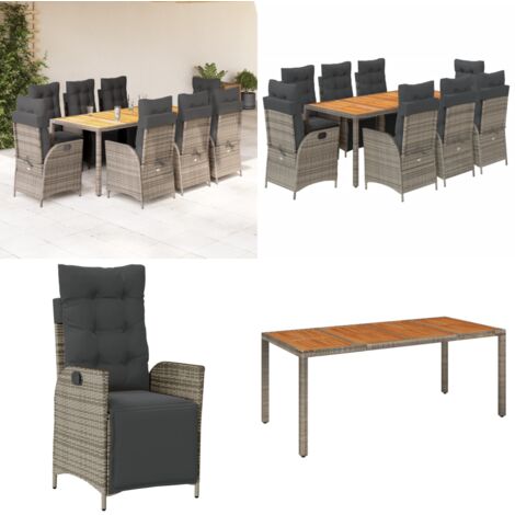 Set da Pranzo da Giardino 9 pz con Cuscini in Polyrattan Grigio - Sedie da giardino reclinabili - Tavolo da giardino